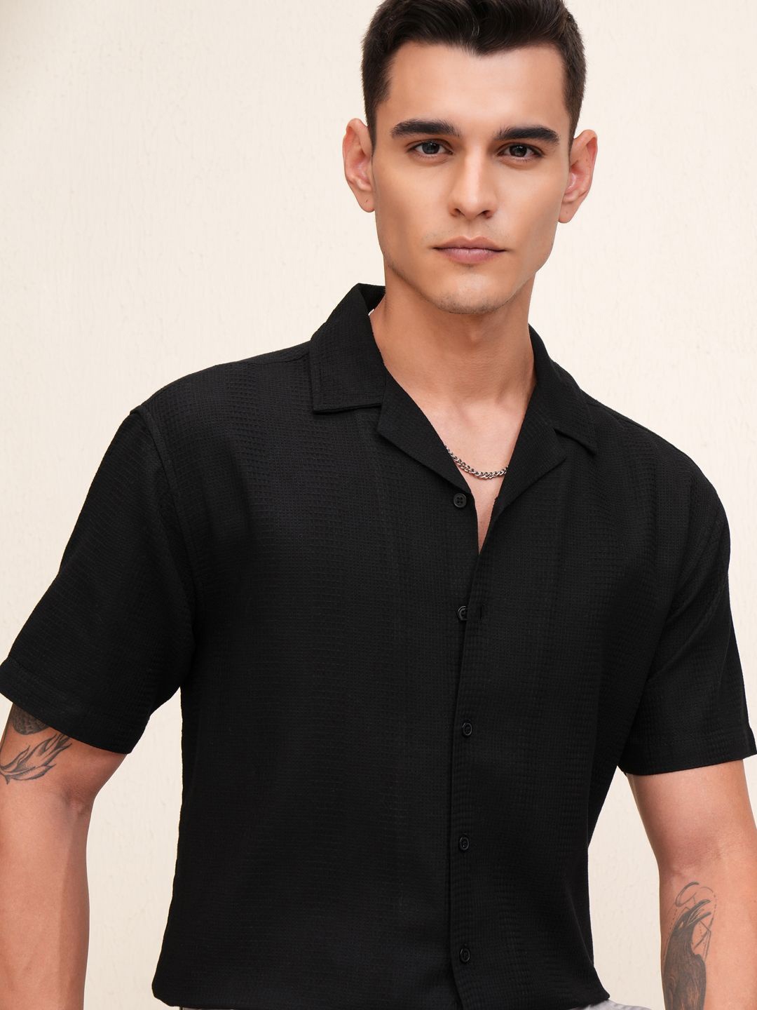 

Highlander Men Waffle Dobby Textured Solid Cuban Collar Relaxed Shirt, Black