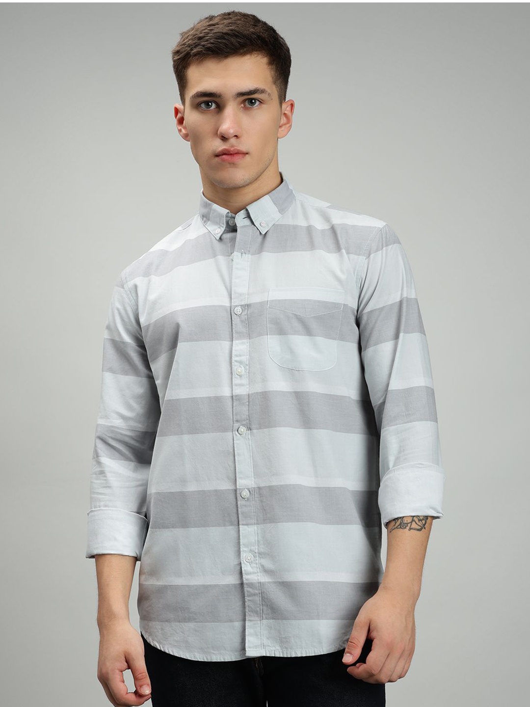 

MARC JOBBS Men Comfort Horizontal Stripes Casual Shirt, Grey