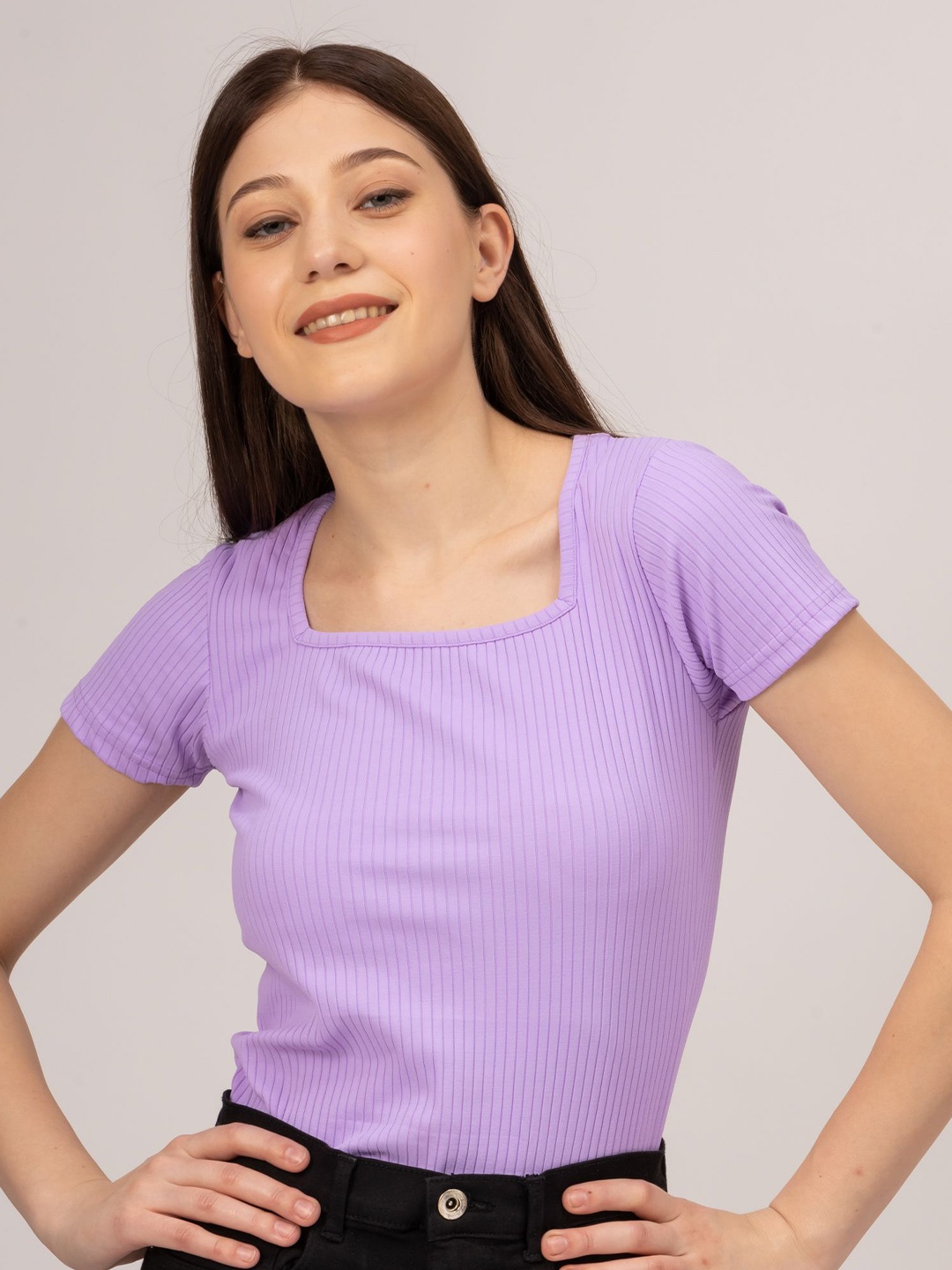 

Redamancii Women Vertical Striped Square Neck Polycotton Top, Lavender