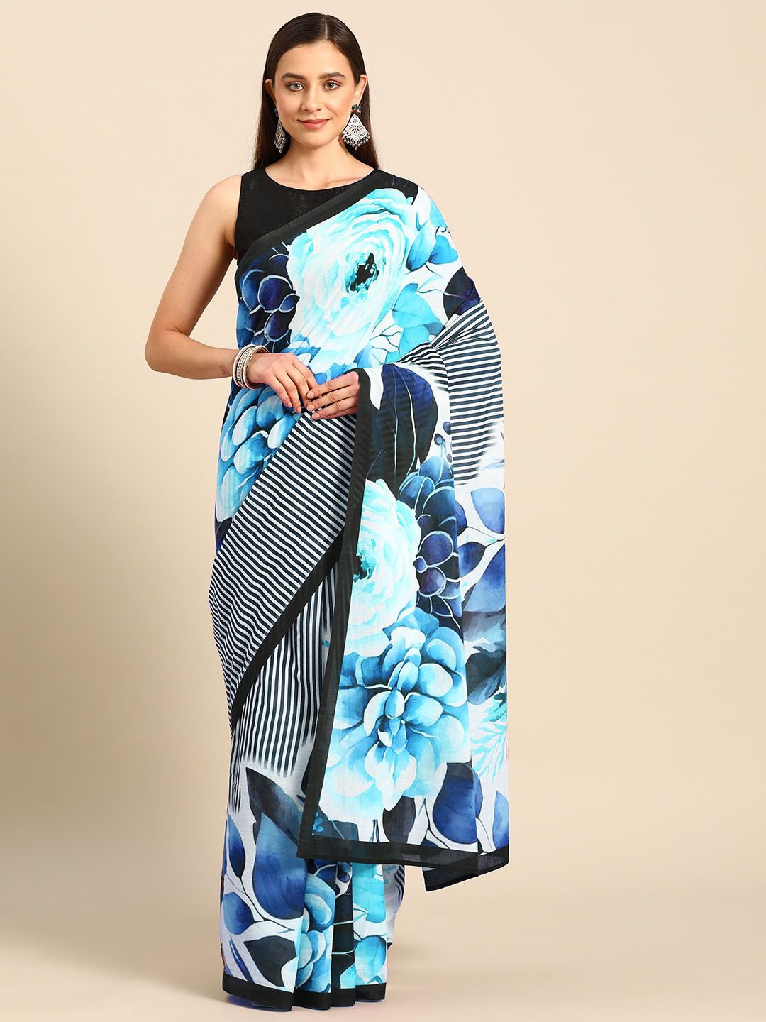 

BUTA BUTI Floral Printed Pure Cotton Saree, Blue