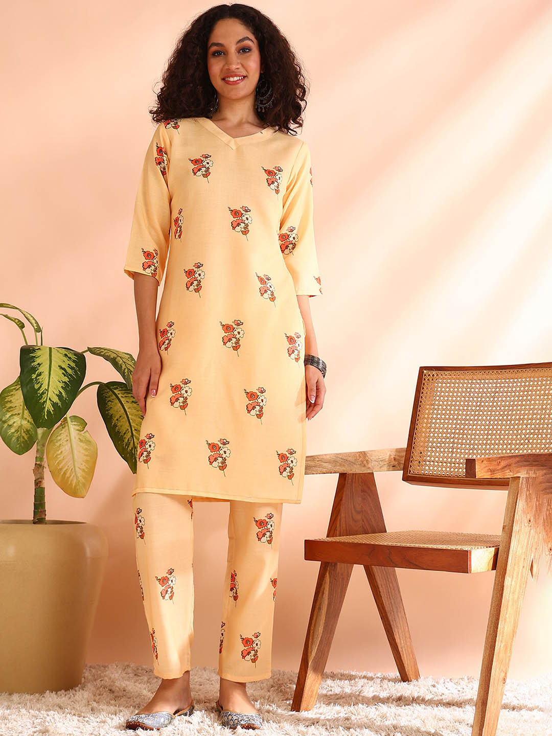 

V TRADITION Floral Printed V-Neck Straight Kurta With Trousers, Yellow