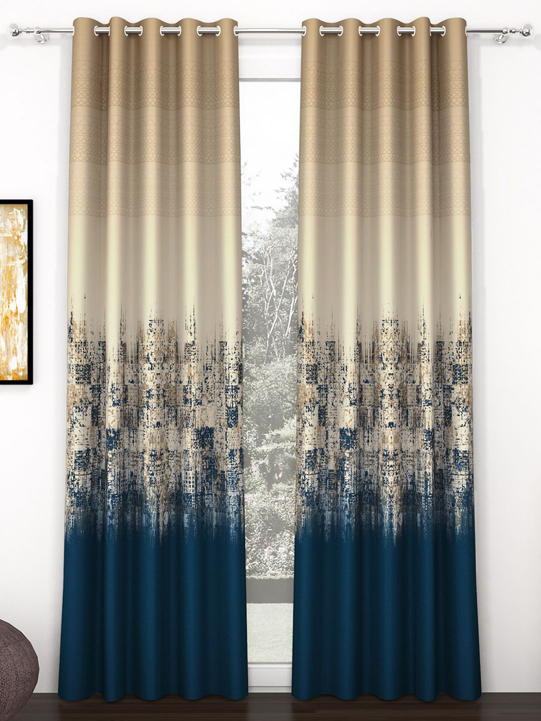

Story@home Beige & Blue 2 Pieces Printed Room Darkening Door Curtain