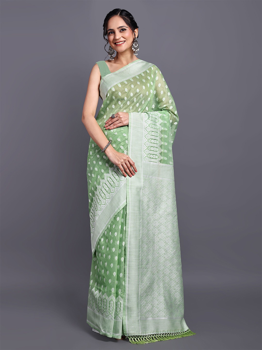 

SWAMI STUDIO Woven Design Zari Pure Cotton Kanjeevaram Saree, Green