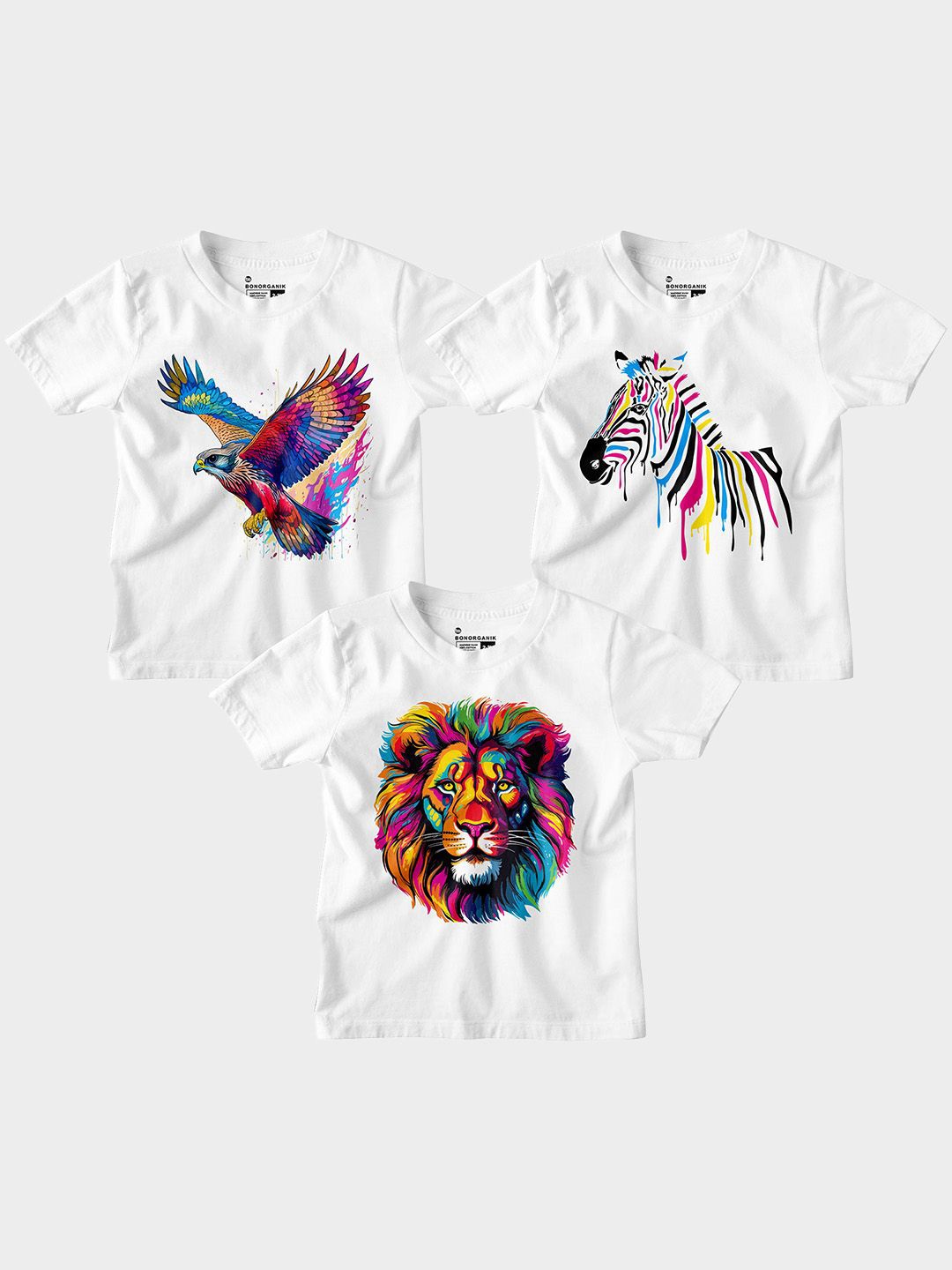 

BonOrganik Boys Pack Of 3 Graphic Printed Round Neck Cotton T-shirts, White
