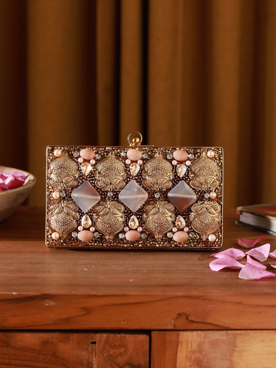

THE TAN CLAN Embellished Box Clutch, Gold