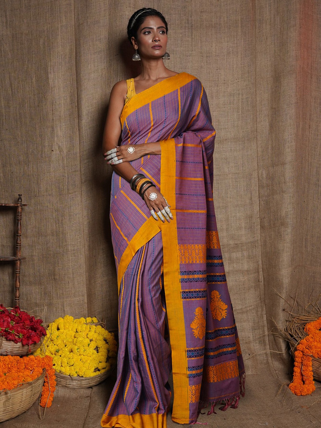 

Unnati Silks Striped Woven Design Handloom Taant Saree, Purple