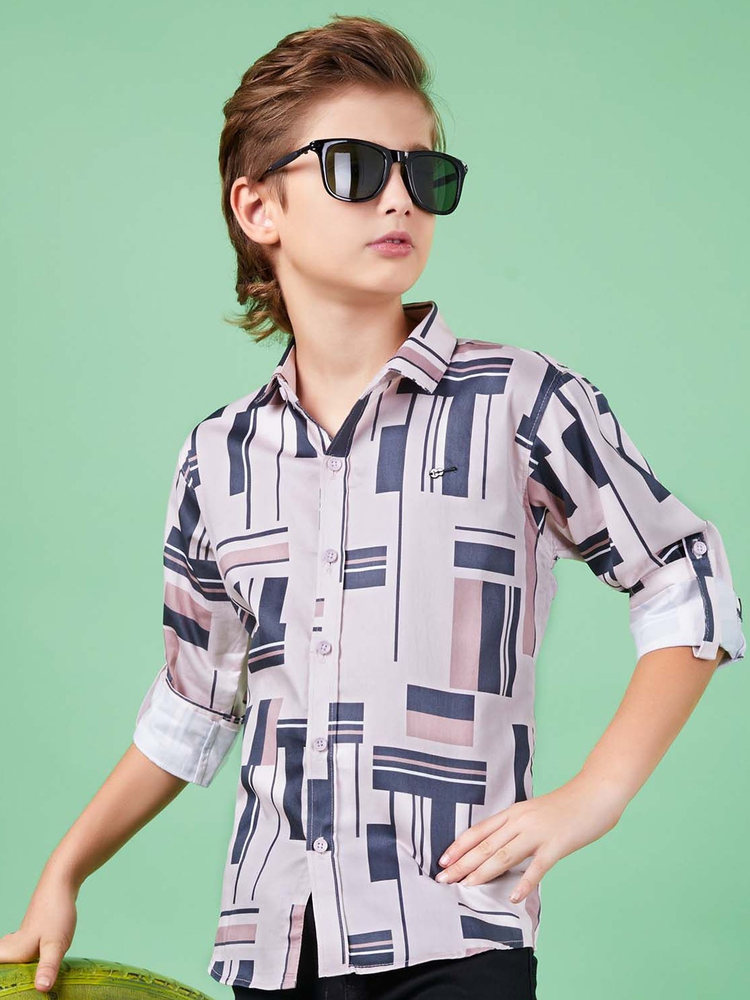 

MashUp Boys Classic Spread Collar Abstract Printed Cotton Casual Shirt, Pink