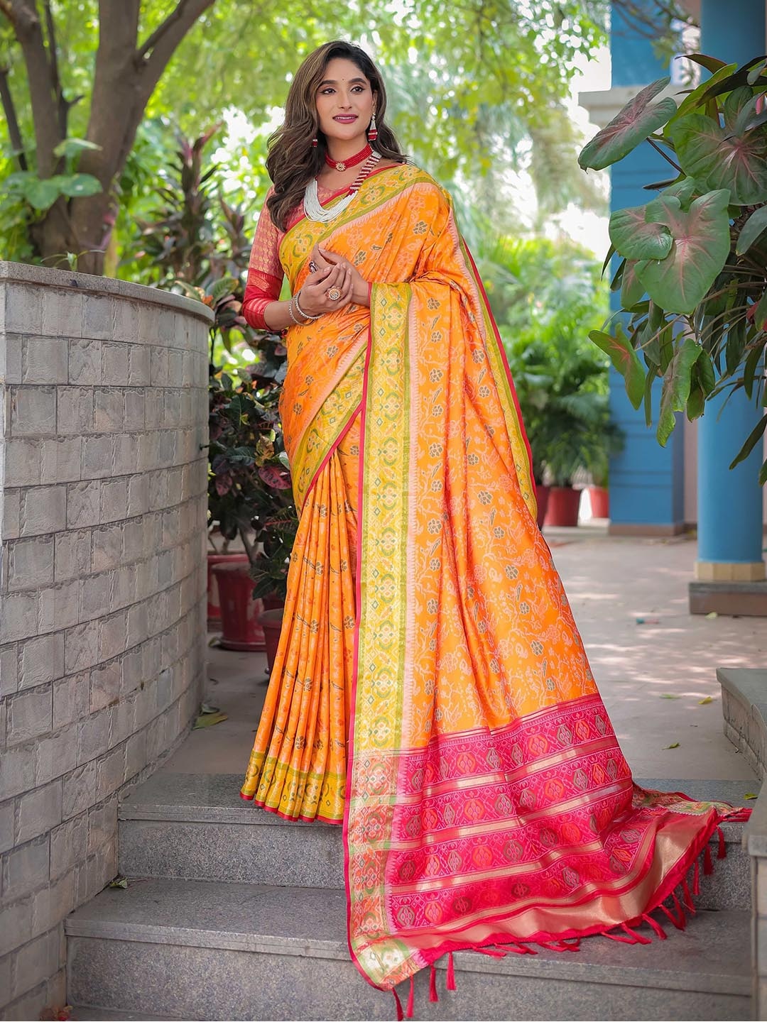 

Mitera Floral Woven Design Zari Patola Saree, Yellow