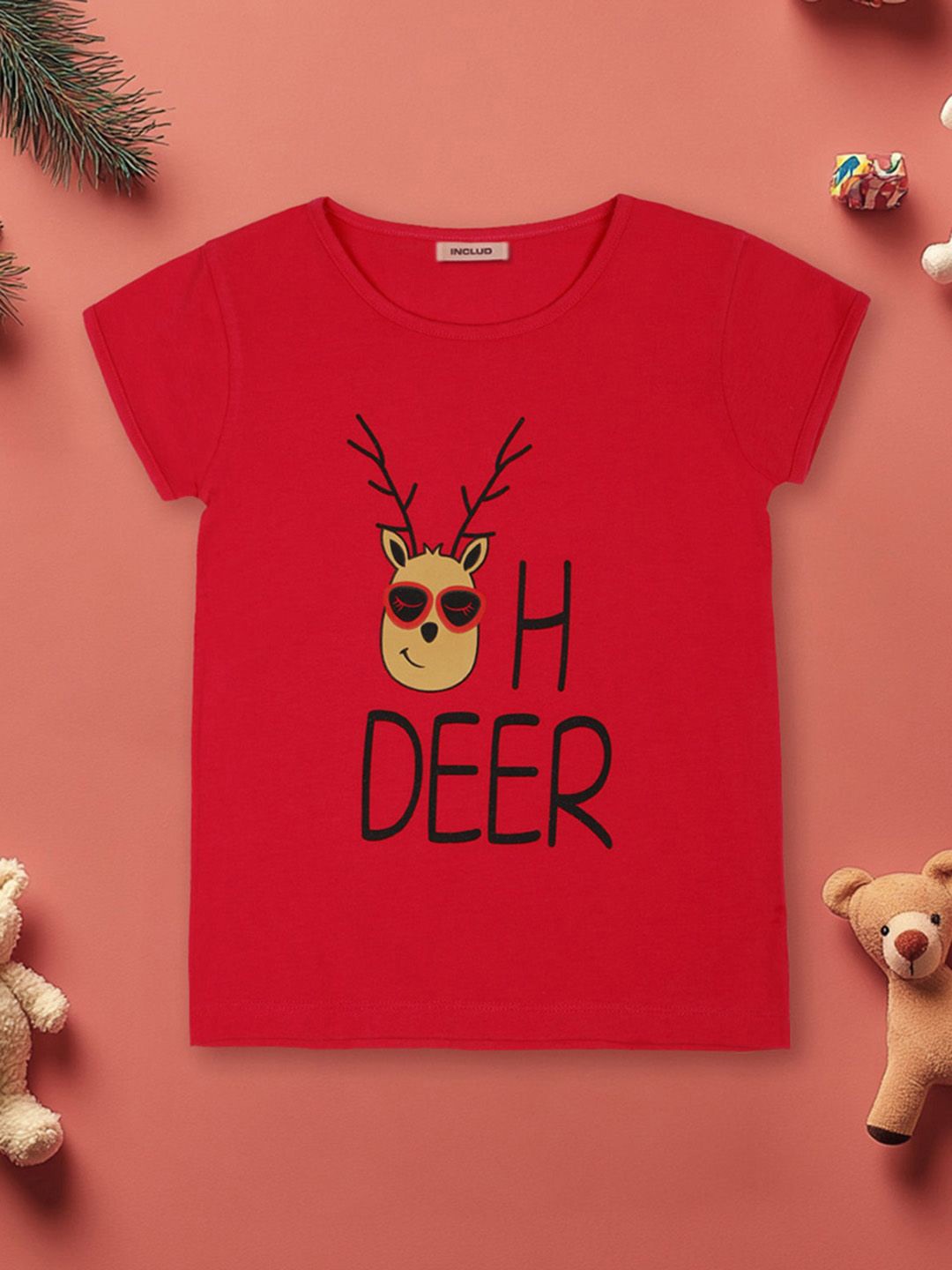 

INCLUD Girls Graphic Printed Round Neck Top, Red