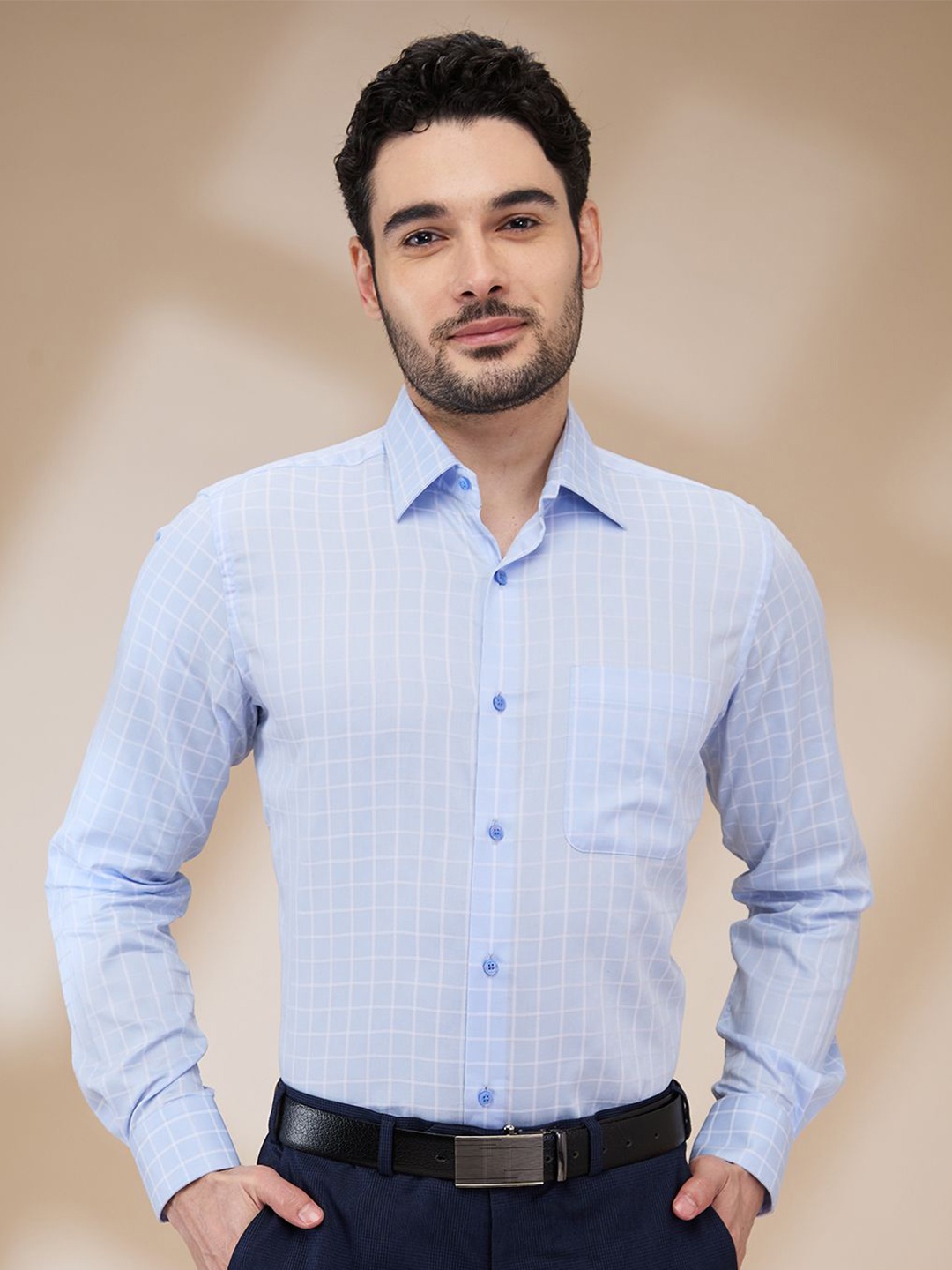 

Raymond Men Contemporary Spread Collar Micro Checked Cotton Formal Shirt, Blue