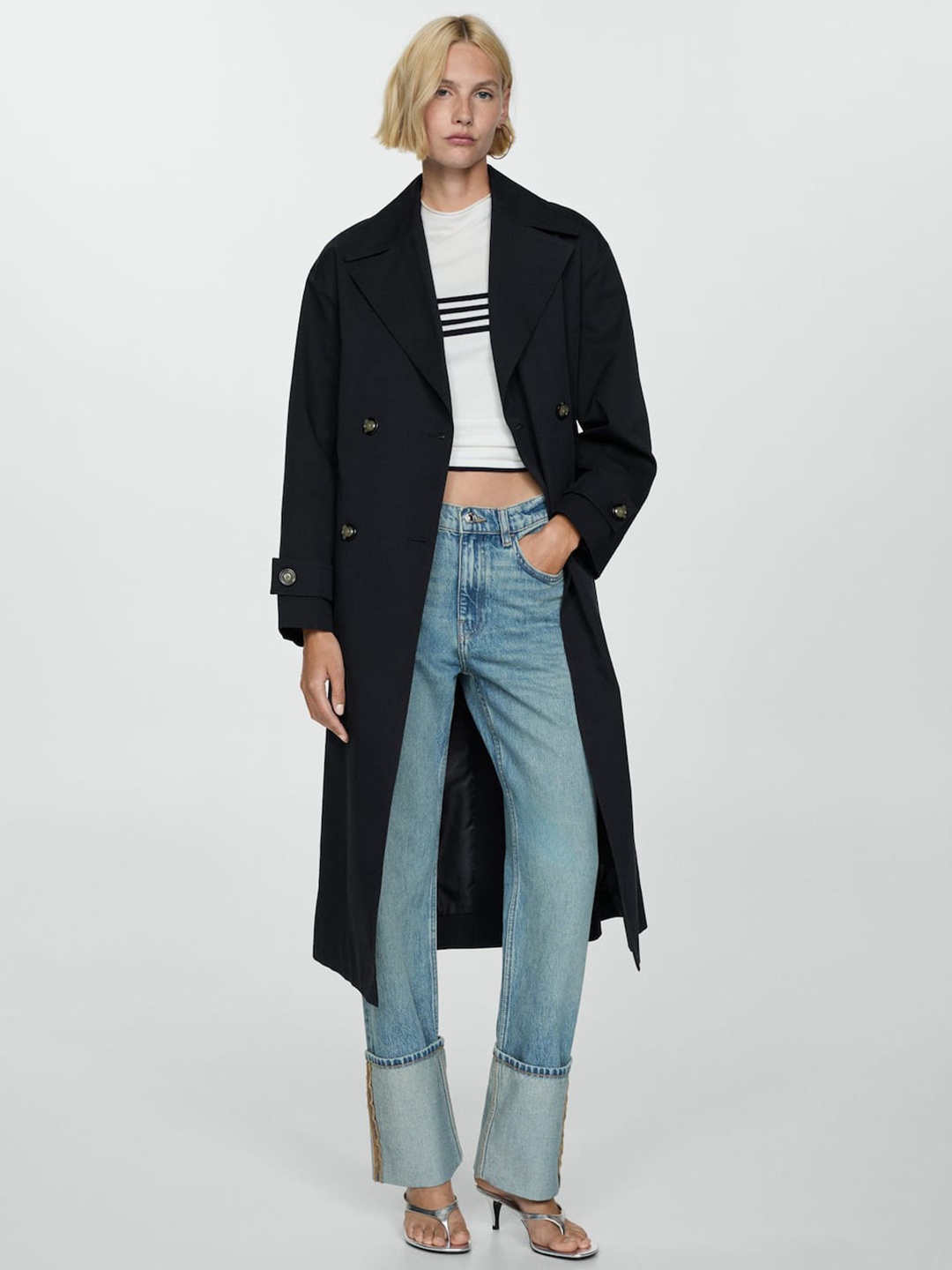 

MANGO Double-Breasted Trench Coat, Black