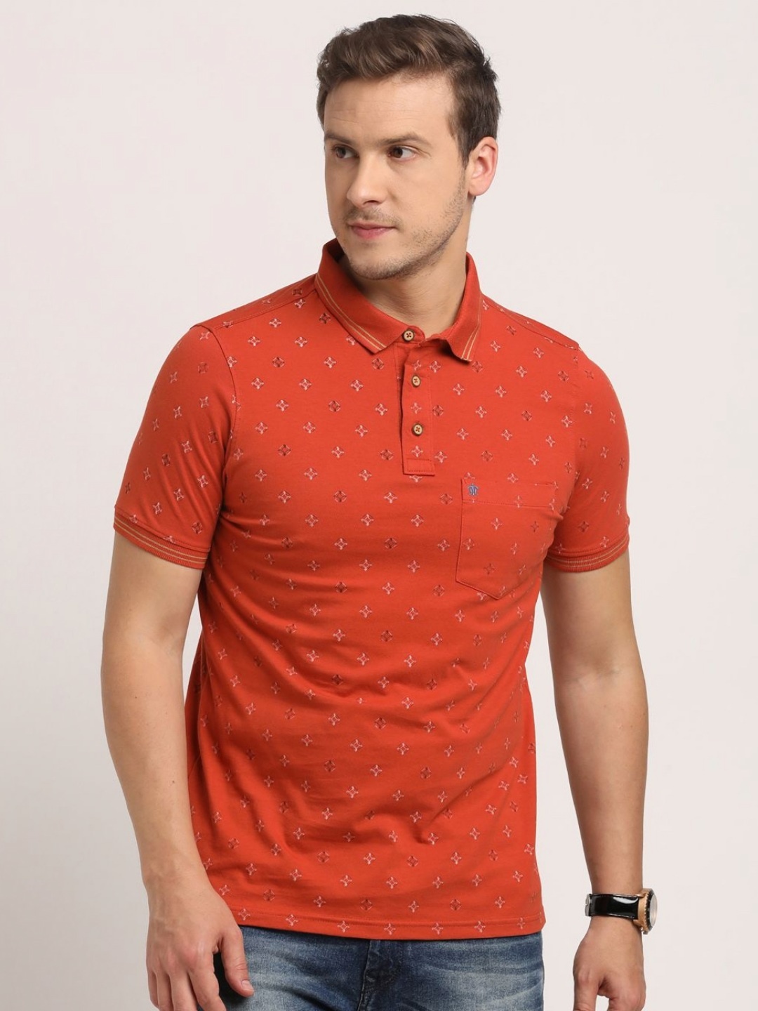 

Turtle Men Geometric Printed Polo Collar Pure Cotton Slim Fit T-shirt, Orange