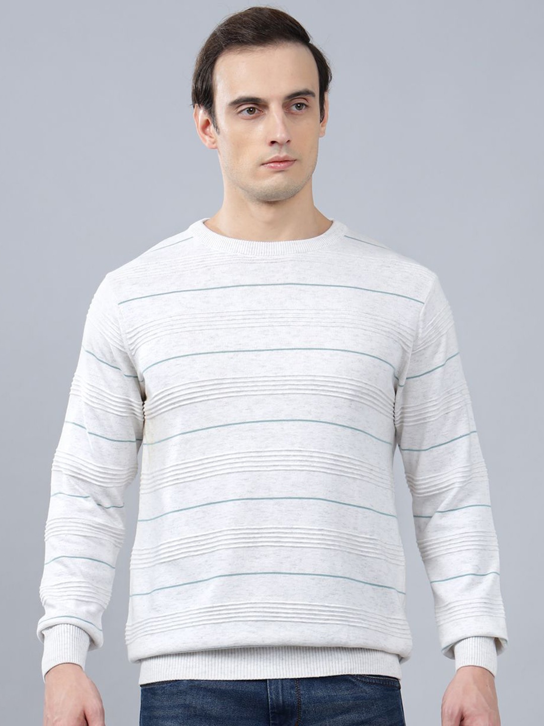 

Cantabil Men Striped Long Sleeves Cotton Pullover, Off white