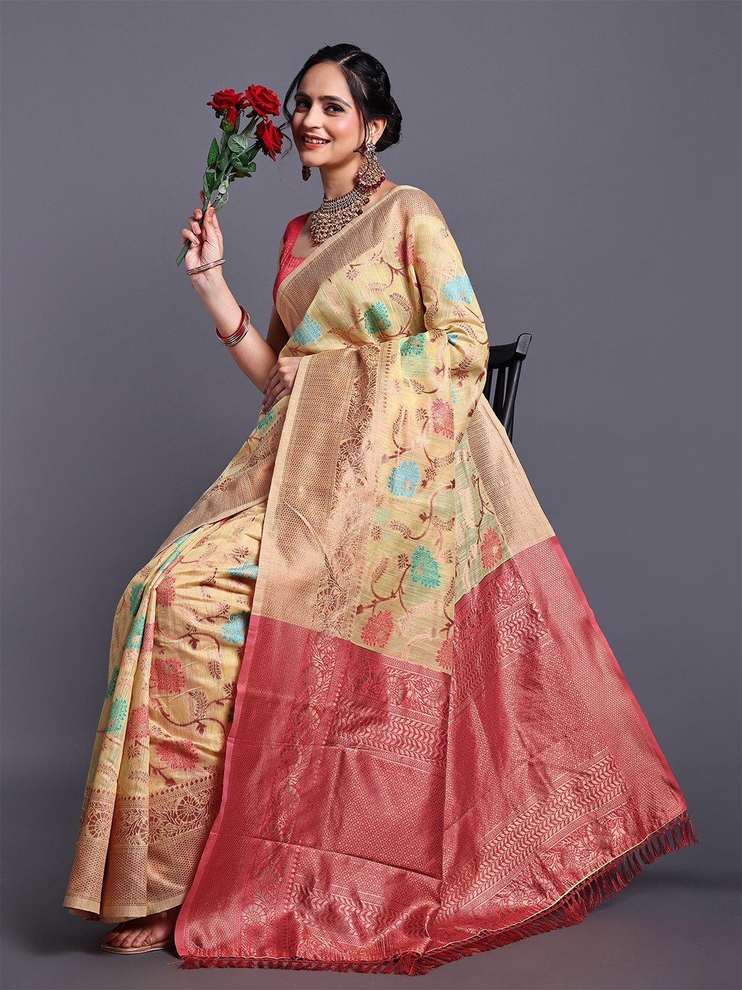 

SWAMI STUDIO Woven Design Zari Pure Cotton Kanjeevaram Saree, Yellow