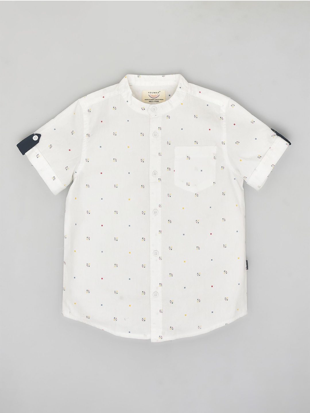 

YOUMAA Boys Band Collar Conversational Printed Cotton Casual Shirt, White