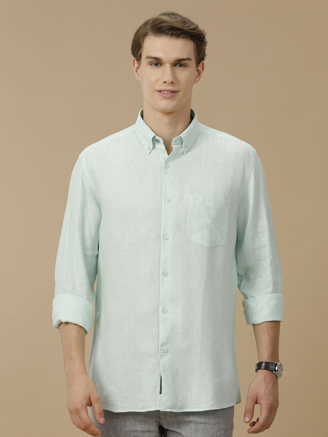 

Linen Club Men Contemporary Button-Down Collar Solid Slim Fit Casual Shirt, Turquoise blue