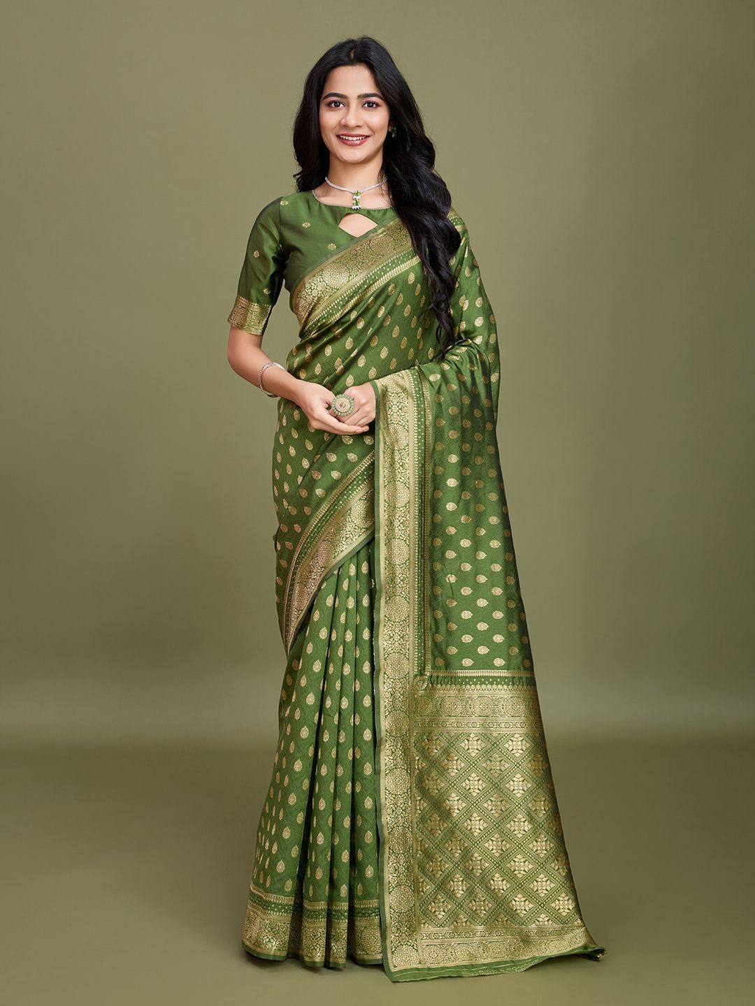 

RICH & ROMAN Woven Design Zari Pure Silk Banarasi Saree, Olive