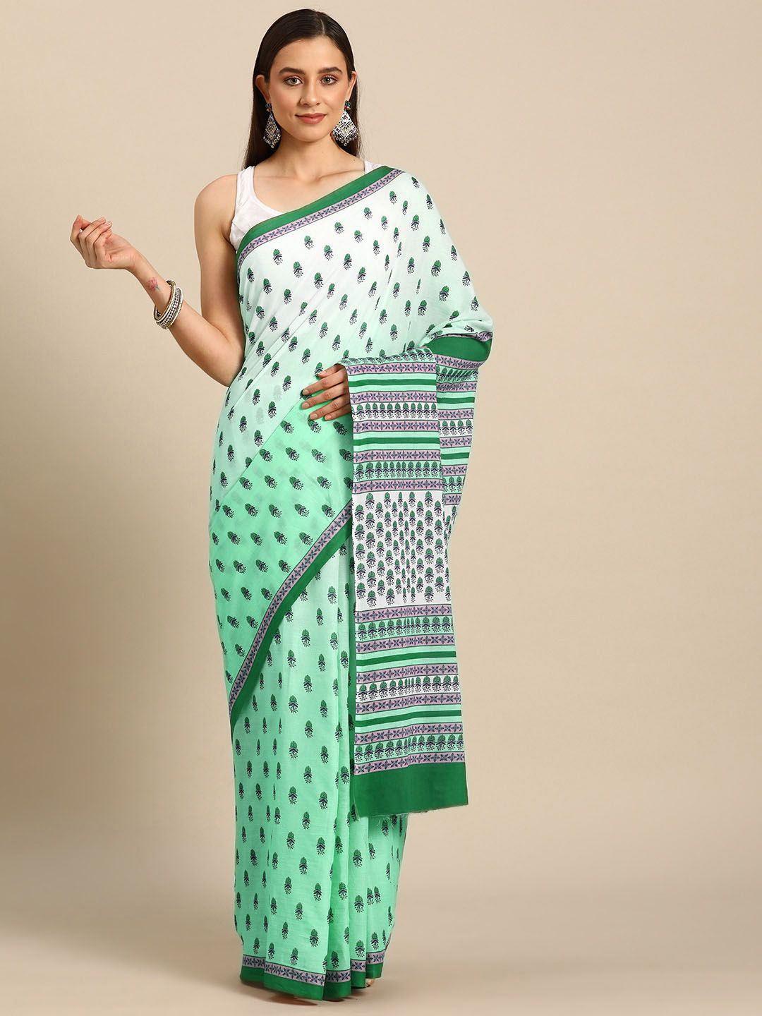 

BUTA BUTI Ethnic Motifs Printed Pure Cotton Saree, Green