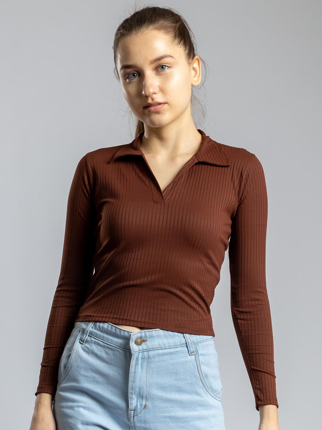 

Redamancii Women Vertical Striped Shirt Collar Top, Brown