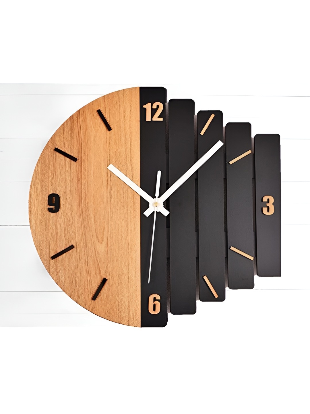 

QEZNEF Beige & Black Colourblocked Abstract Shaped Contemporary Analogue Wooden Wall Clock