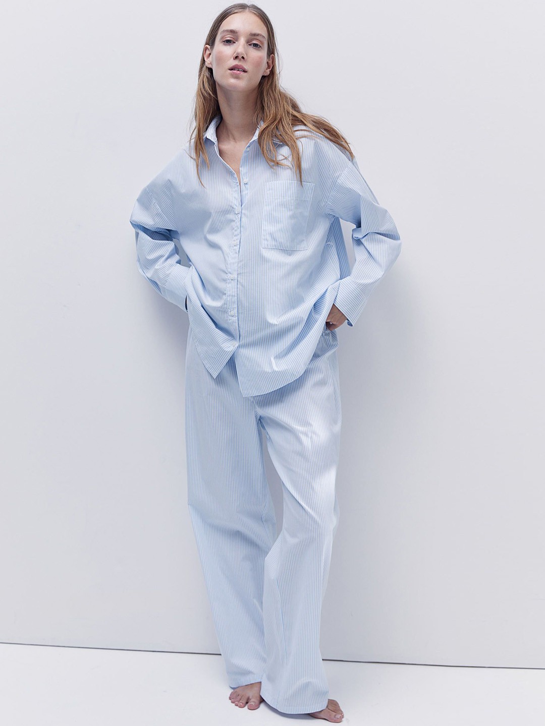 

H&M Women MAMA Before & After Striped Cotton Pyjamas, Blue