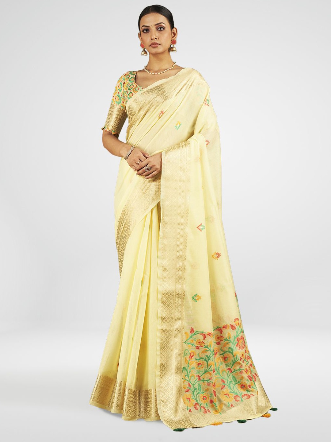 

SARHA Floral Zari Pure Cotton Saree, Yellow
