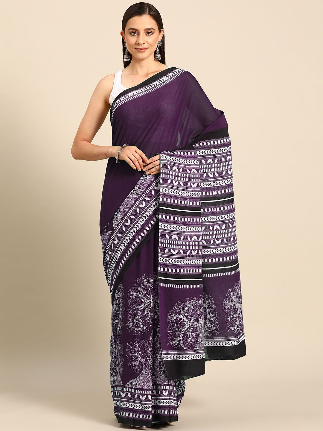 

BUTA BUTI Ethnic Motifs Printed Pure Cotton Saree, Purple