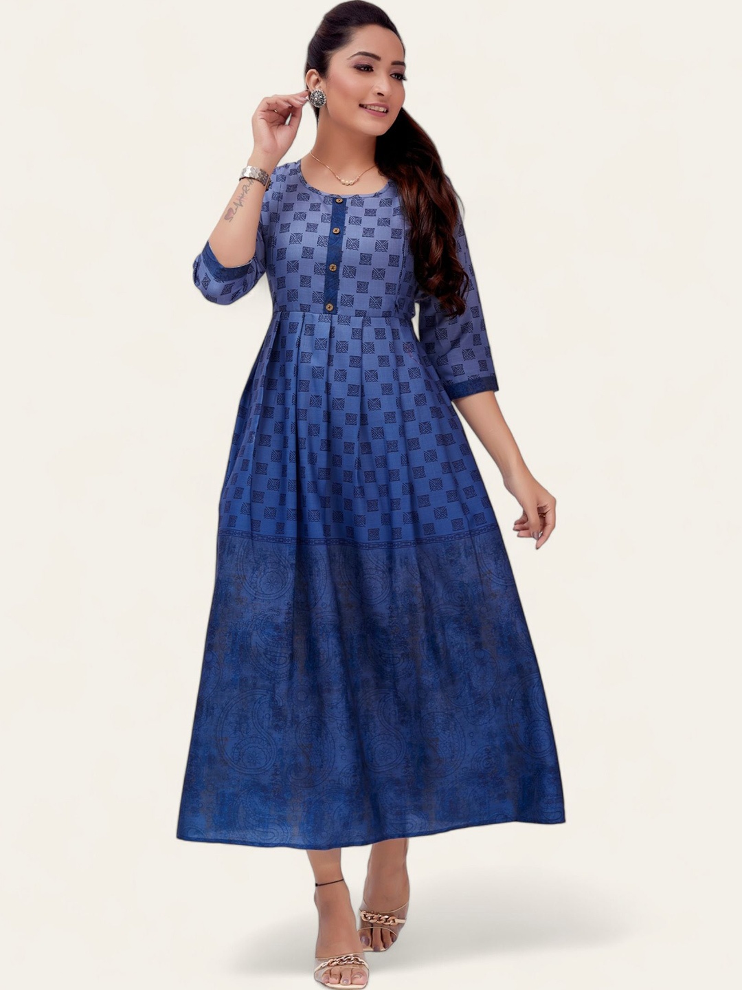 

RITIJYA Geometric Printed Maternity Fit & Flare Midi Dress, Blue
