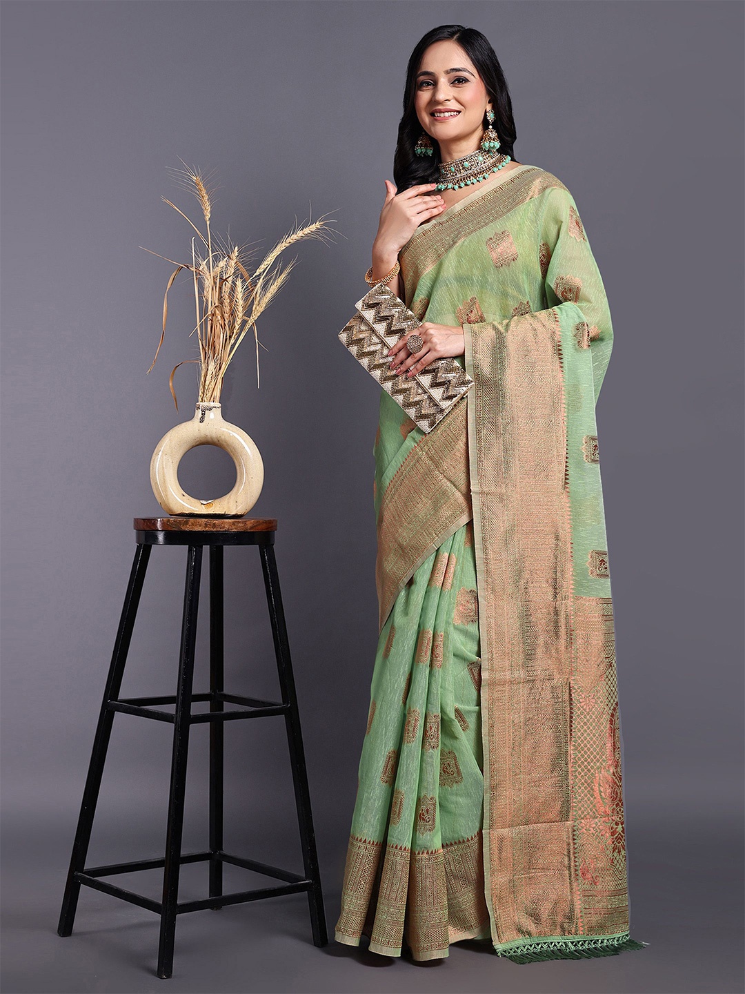 

SWAMI STUDIO Ethnic Motifs Pure Cotton Kanjeevaram Saree, Green