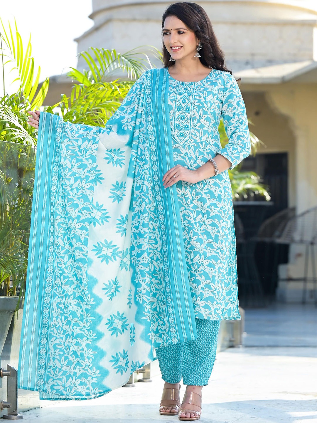 

Juniper Floral Printed Thread Work Pure Cotton Kurta with Trouser & Dupatta, Blue