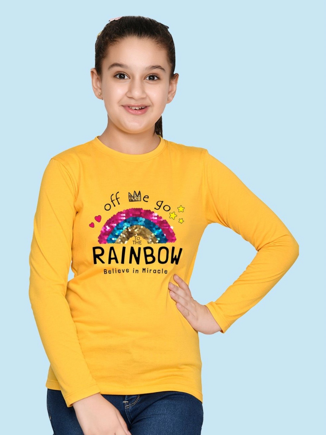 

NUSYL Girls Graphic Printed Round Neck Cotton T-shirt, Yellow