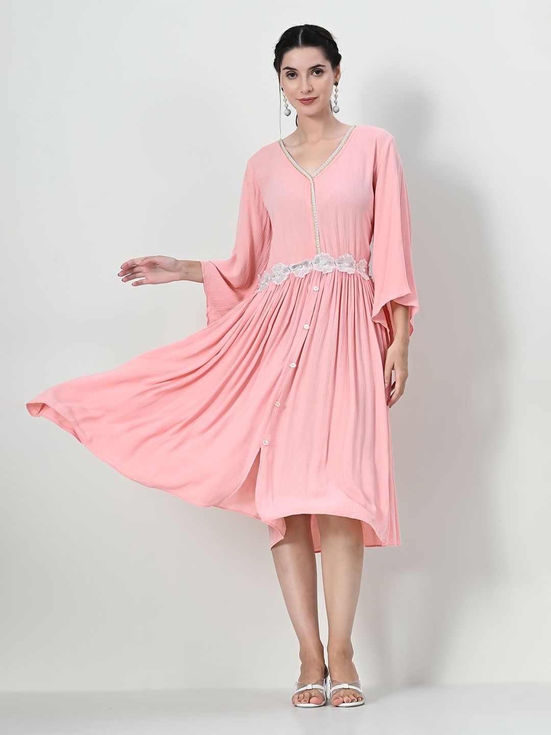 

mrutbaaWomen Flared Sleeve Fit & Flare Midi Dress, Peach