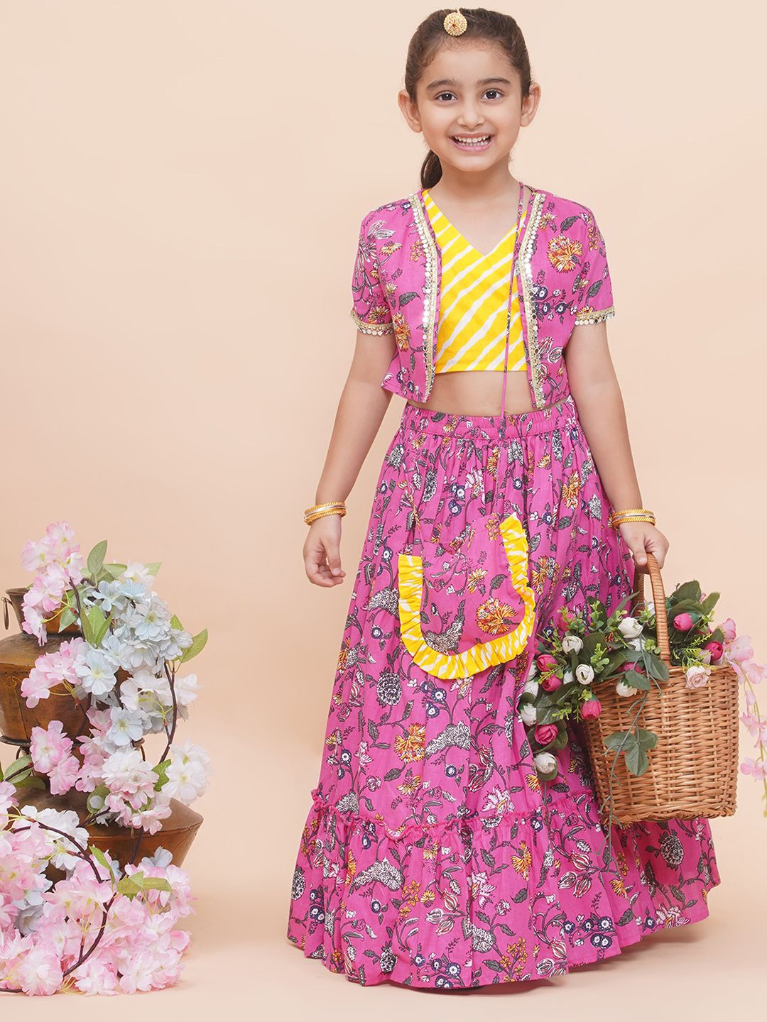 

Modish Couture Girls Embellished Cotton Ready to Wear Lehenga & Blouse With Jacket & Purse, Pink