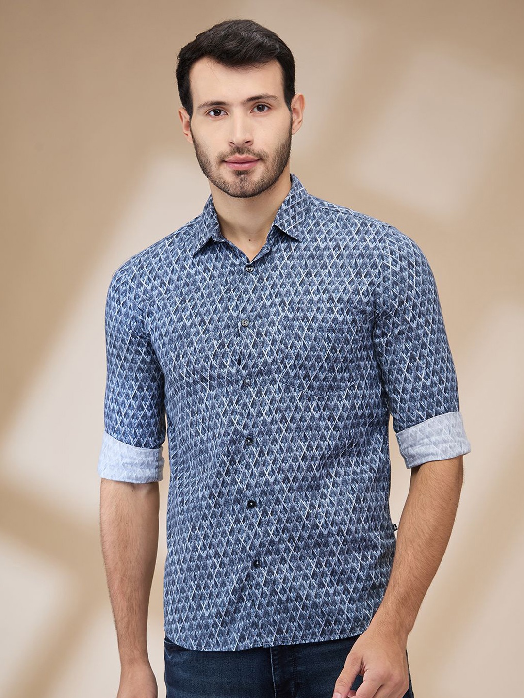 

Parx Men Spread Collar Floral Printed Cotton Slim Fit Casual Shirt, Blue