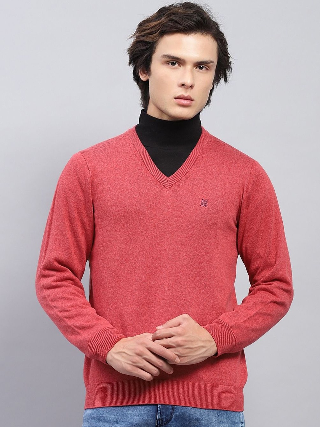 

Monte Carlo Men Solid V Neck Full Sleeve Pullover, Pink