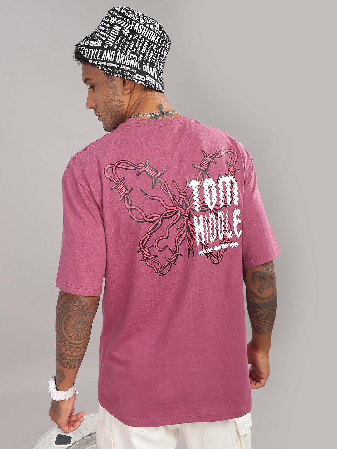 

TOMHIDDLE Men Typography Printed Round Neck Cotton Oversized T-shirt, Pink