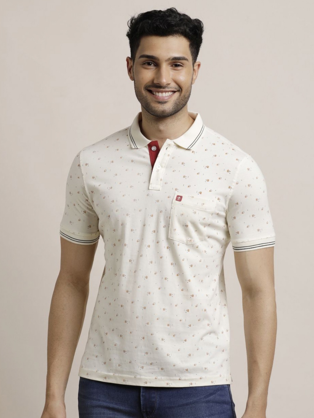 

Turtle Men Geometric Printed Polo Collar Pure Cotton Slim Fit T-shirt, Beige