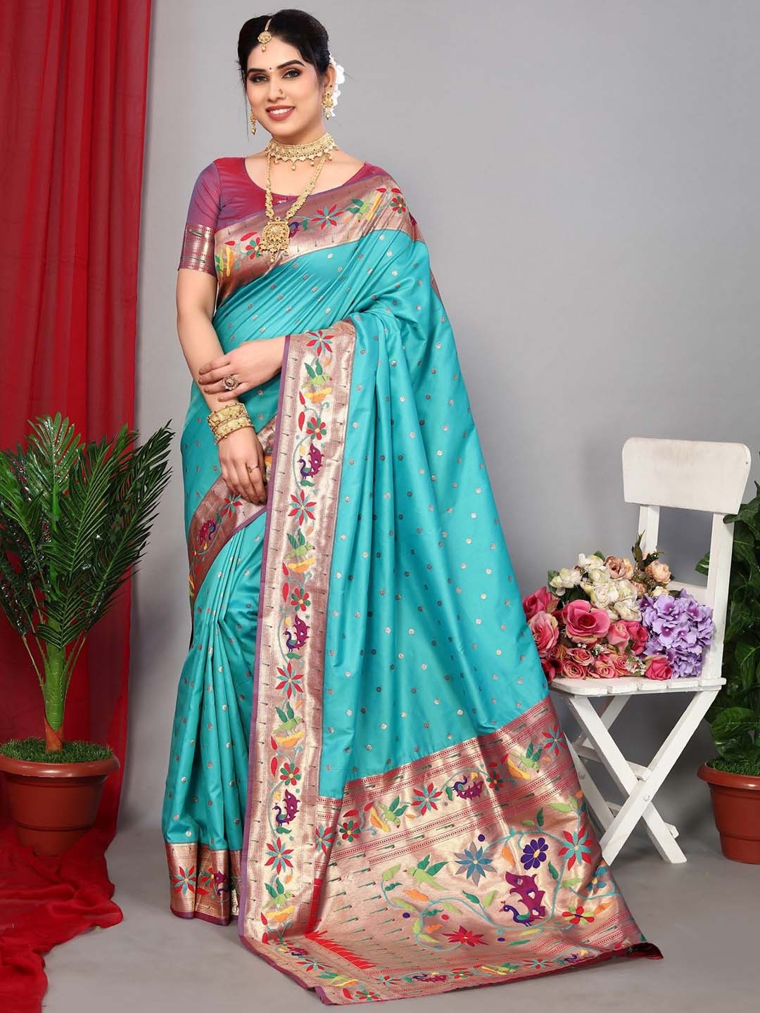 

LeeliPeeri Designer Floral Zari Paithani Saree, Blue