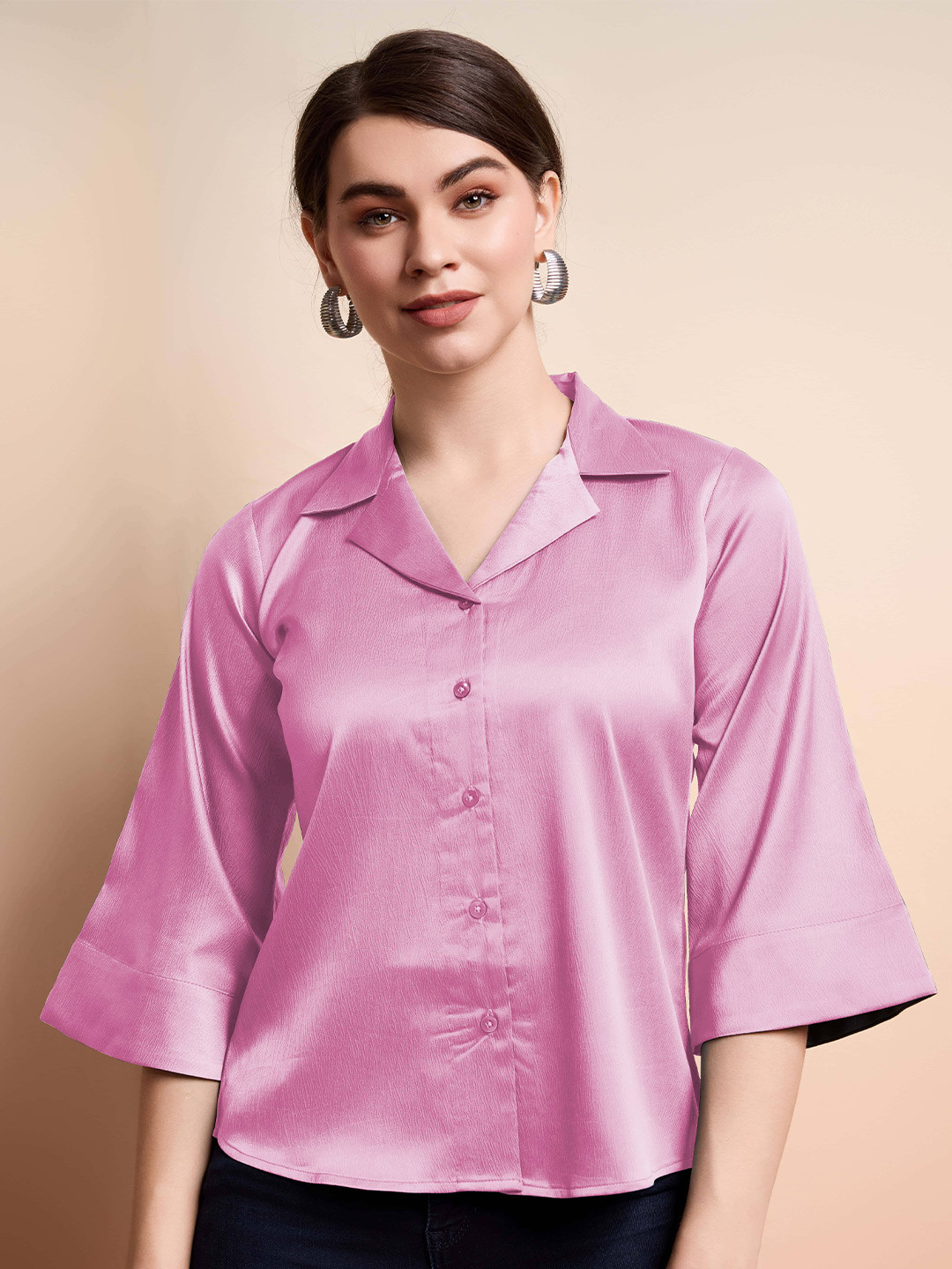 

BAESD Women Standard Cuban Collar Solid Casual Shirt, Pink