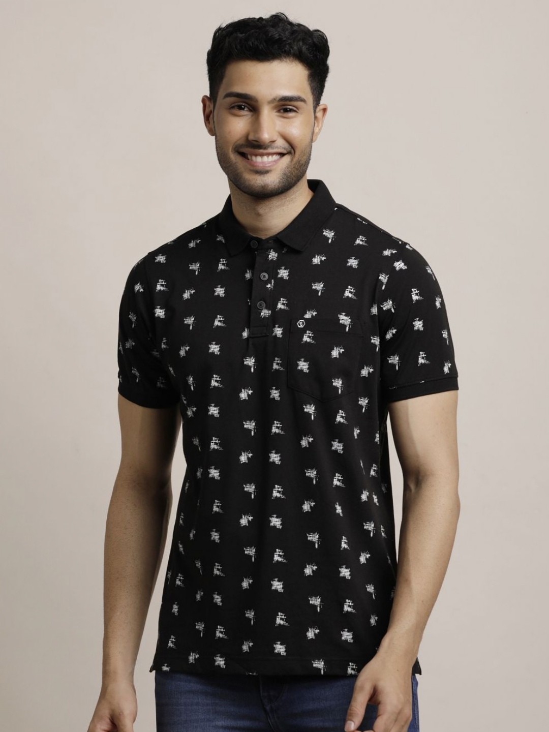 

Turtle Men Conversational Printed Polo Collar Cotton Slim Fit T-shirt, Black