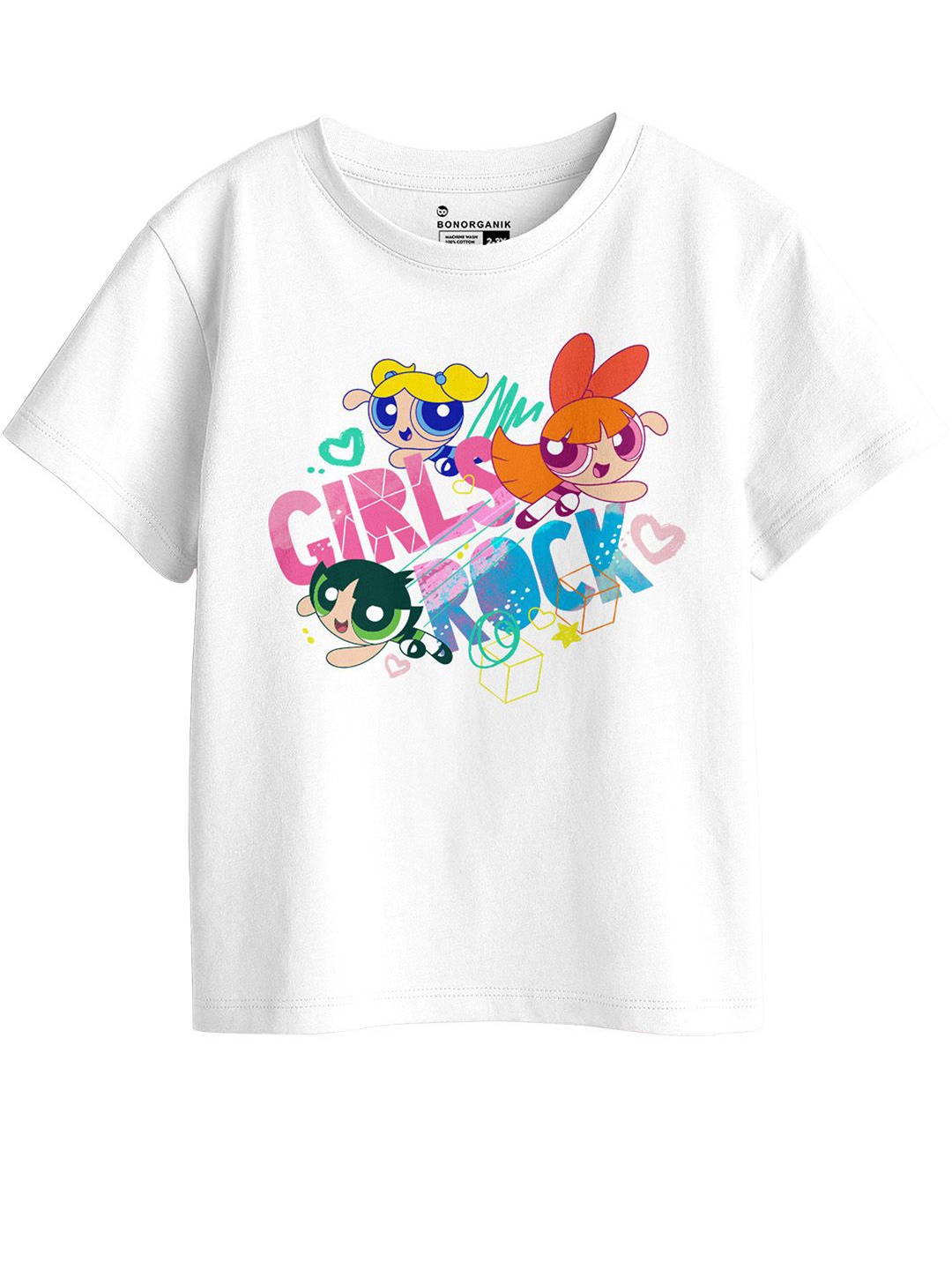 

BonOrganik Girls Graphic Printed Round Neck Cotton T-shirt, White