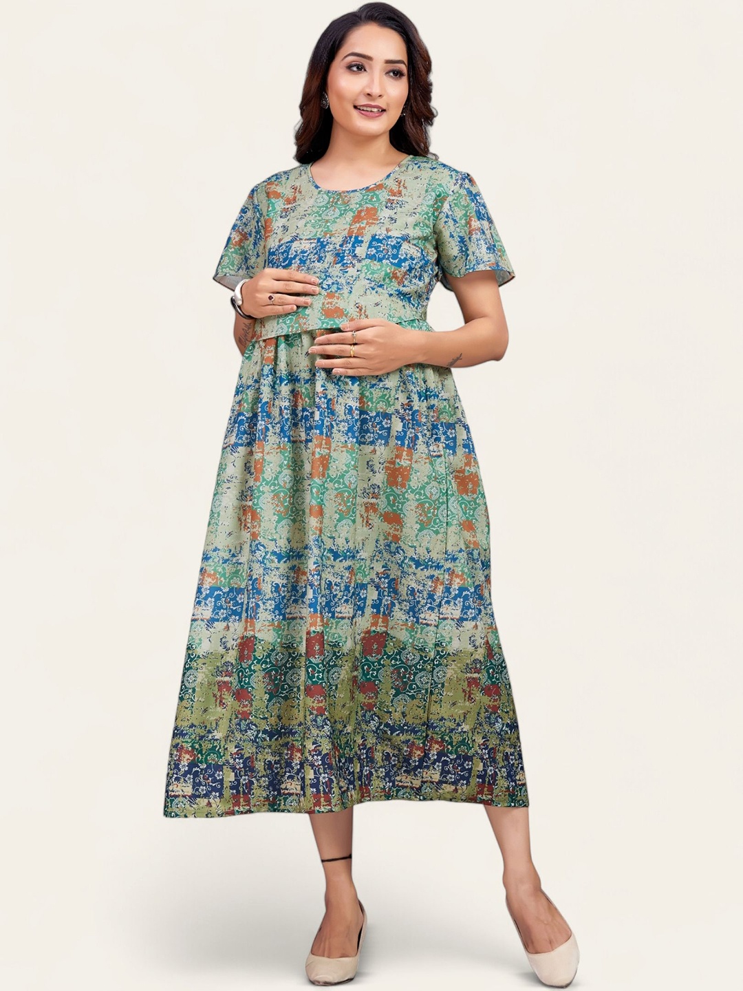

RITIJYA Printed Maternity Fit & Flare Dress, Green