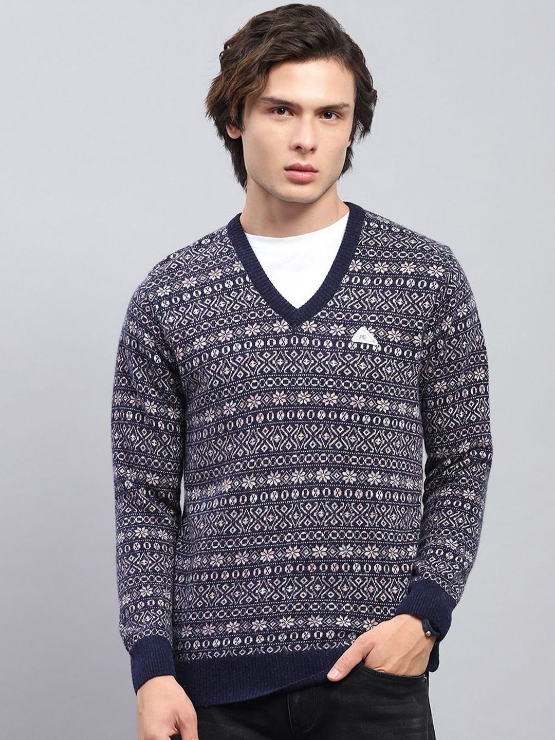 

Monte Carlo Men V-Neck Winter Woollen Pullover, Navy blue