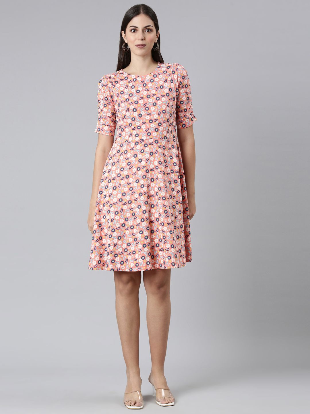 

TWIN BIRDS Women AOP Fit & Flare Knitted Dress, Peach