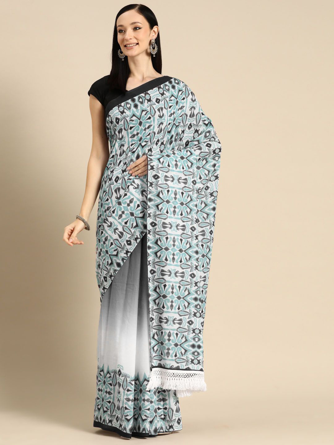 

BUTA BUTI Ethnic Motifs Printed Pure Cotton Saree, Black
