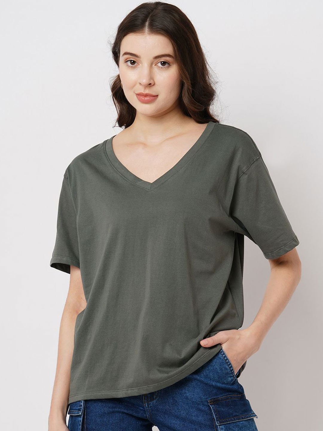 

The Roadster Lifestyle Co. Women Solid V-Neck Cotton T-shirt, Grey