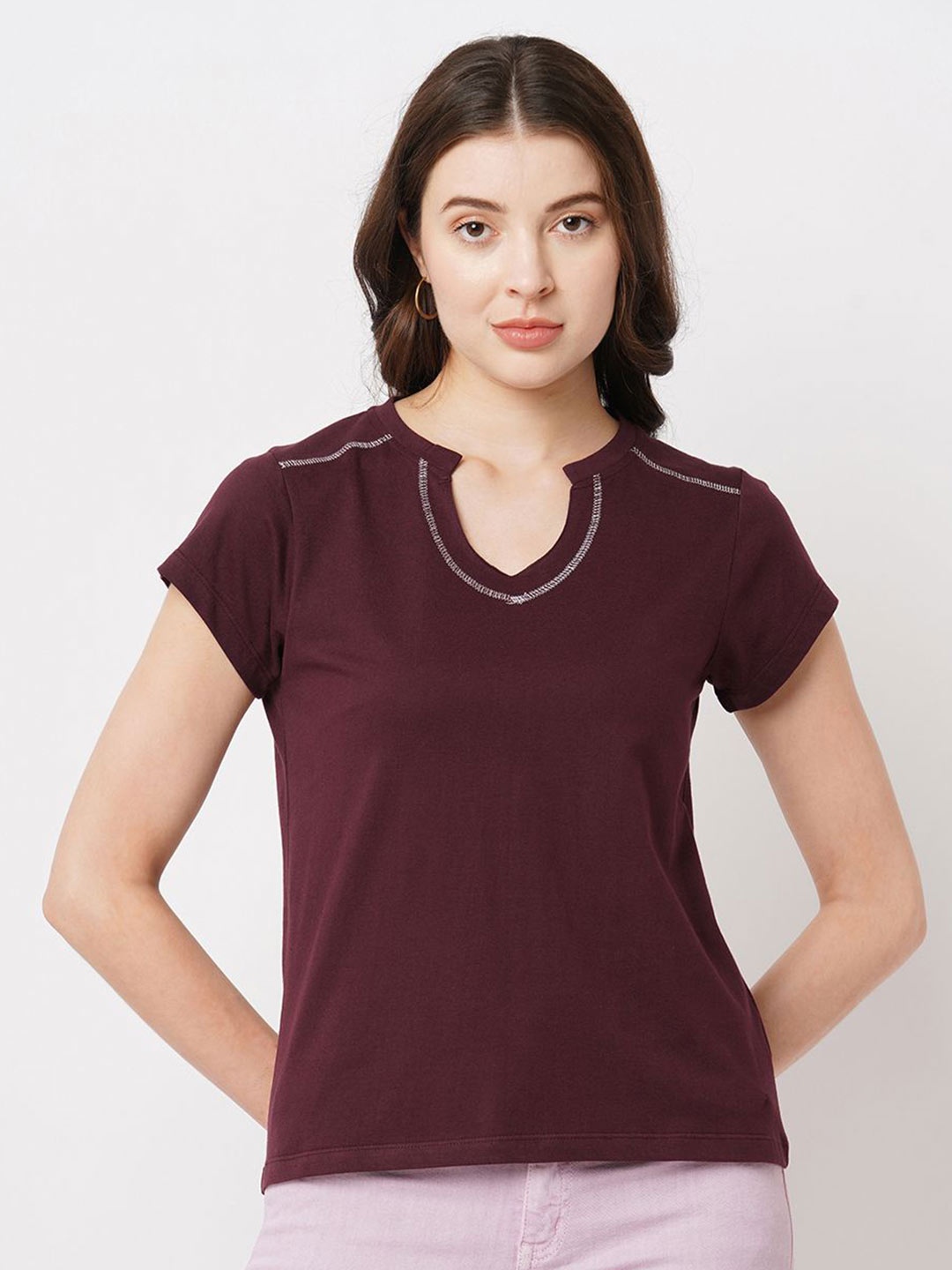 

The Roadster Lifestyle Co. Women Solid Round Neck Cotton T-shirt, Maroon