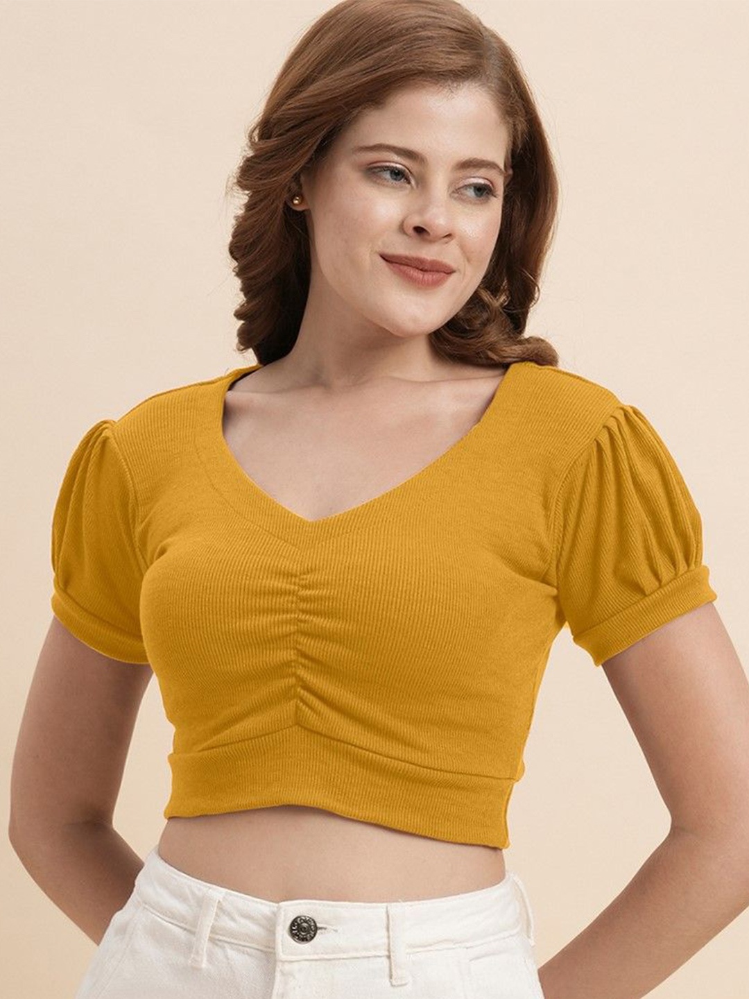 

Selvia Women Solid V-Neck Top, Yellow