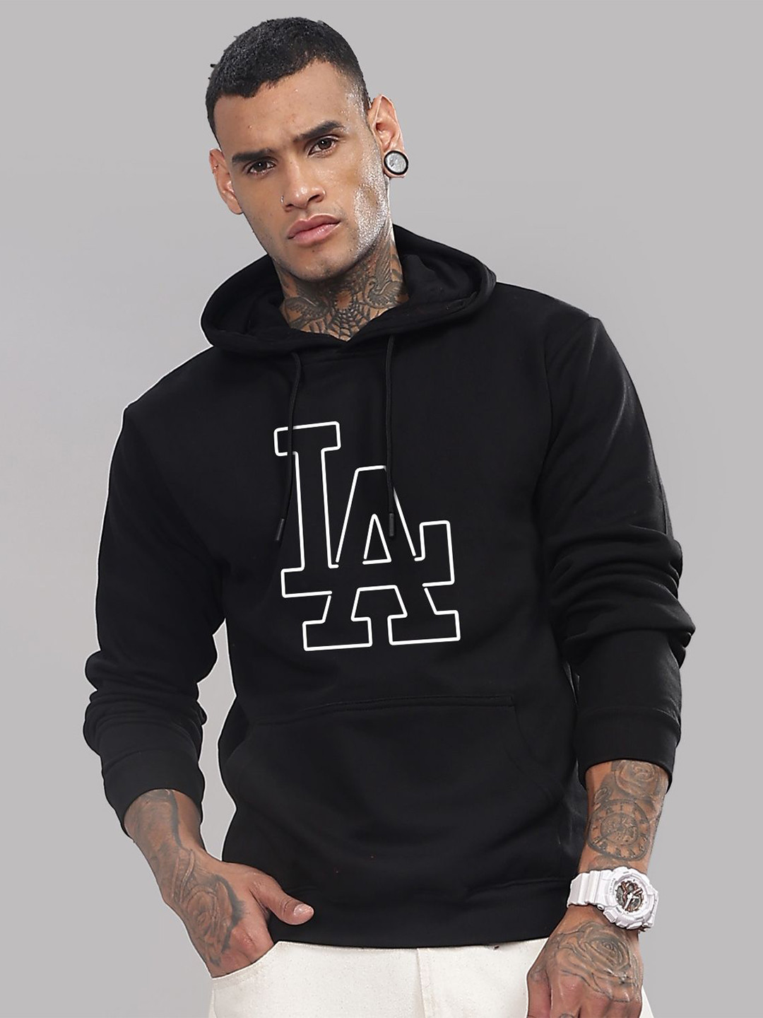 

ADRO Men Printed Hooded Sweatshirt, Black
