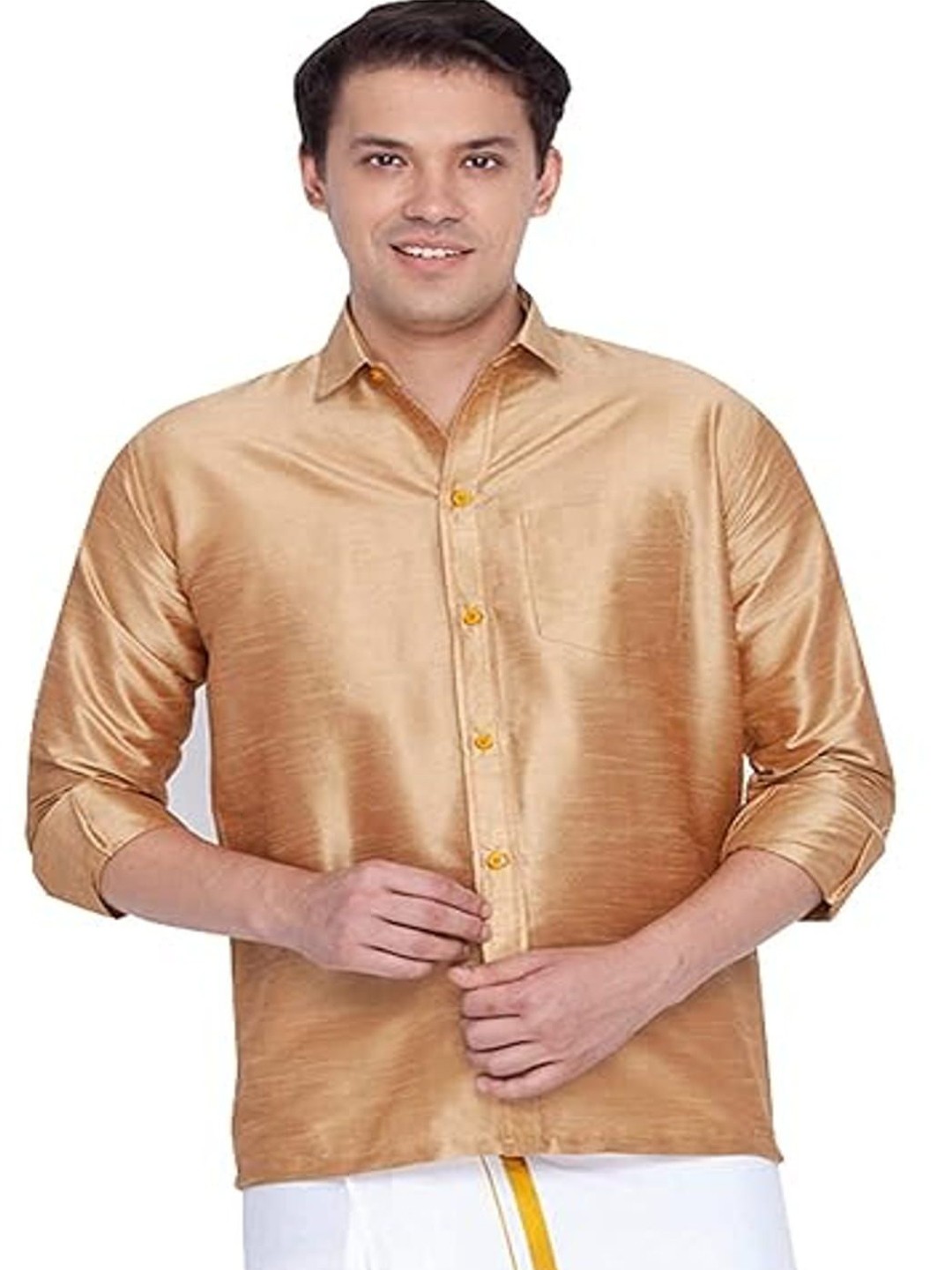 

BANHUSSAIN Men Cutaway Collar Solid Silk Party Shirt, Yellow